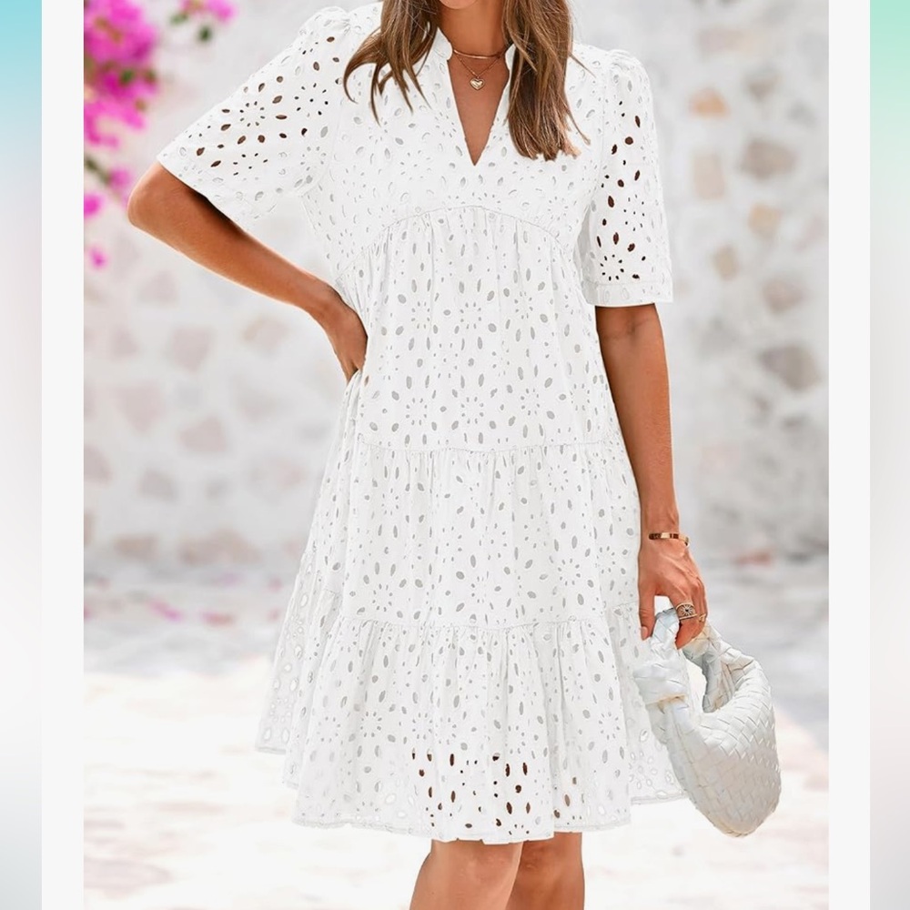 BTFBM size XLarge Boho Dress Resort V Neck Short Sleeve White Cut Out Lace $58 - Picture 5 of 10
